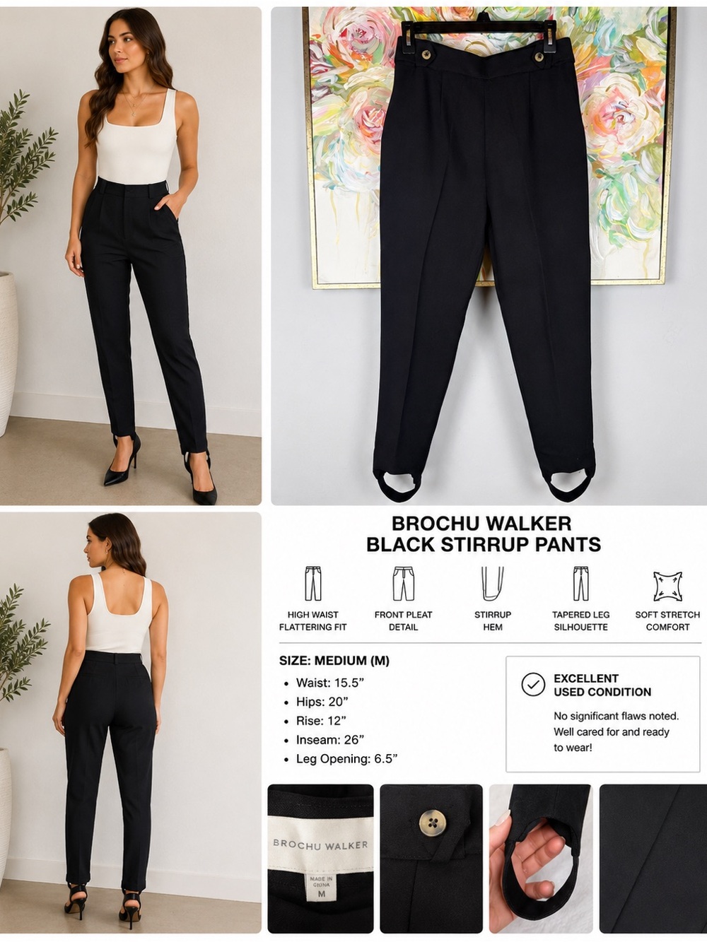 Brochu Walker Black Stirrup Pants Women’s M High Rise Stretch Slim Leg